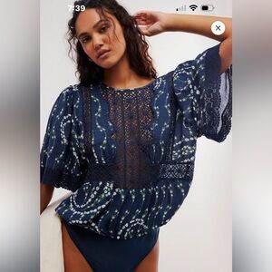 71. NWT Free People Midnight Blue Flowy Lace Bodysuit